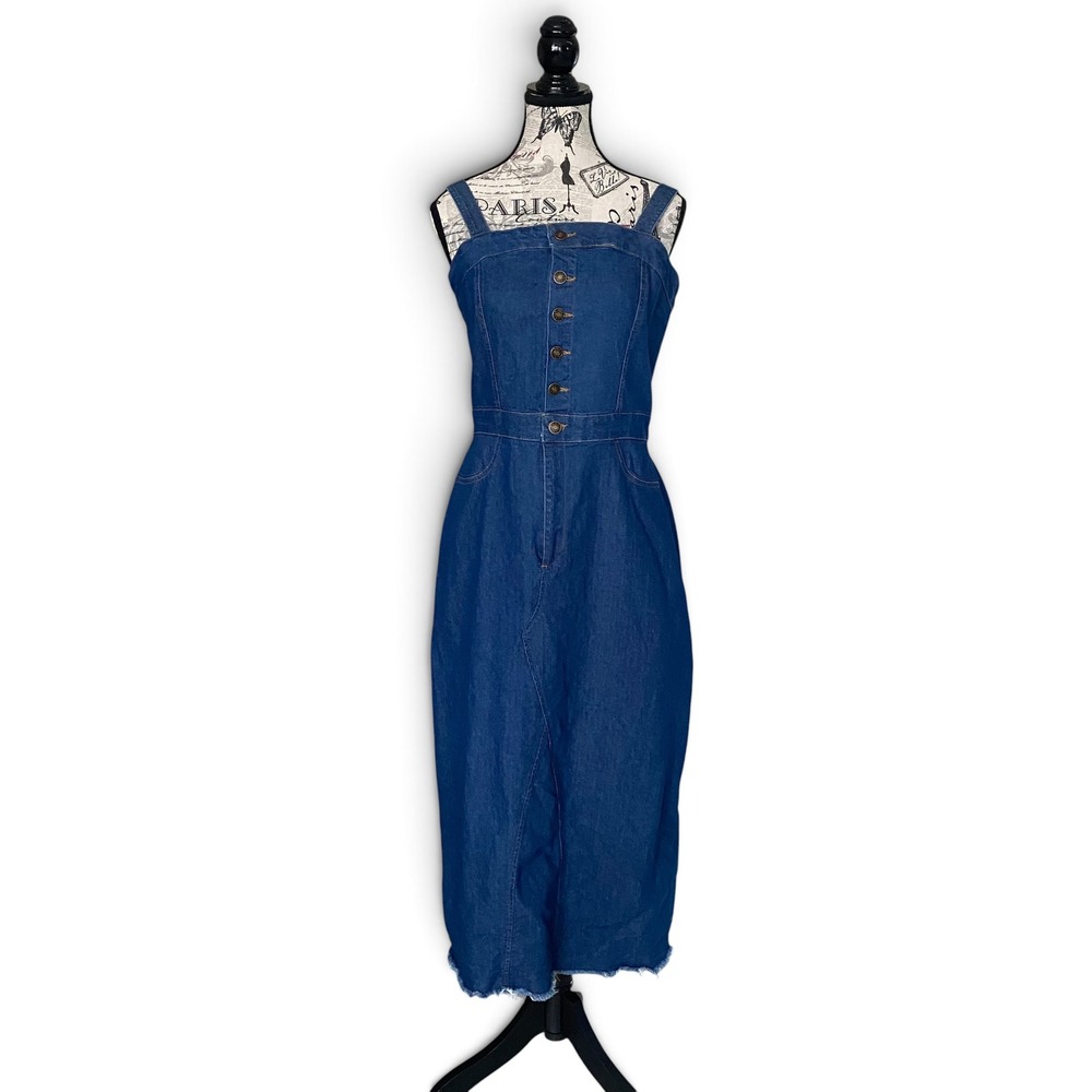 Love Squared Denim Midi Dress Womens L Blue Button Front Frayed Hem Western